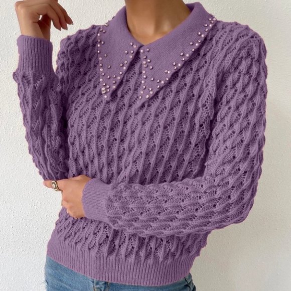 knit gem bedazzled collar sweater chic elegant streetwear purple - Picture 2 of 6